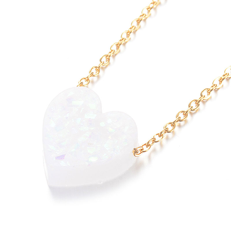 6 Colors 12mm Heart Shape Opal Stone Pendant Necklace 316L Stainless Steel Gold Chain Collar Jewelry Girlfriend: White