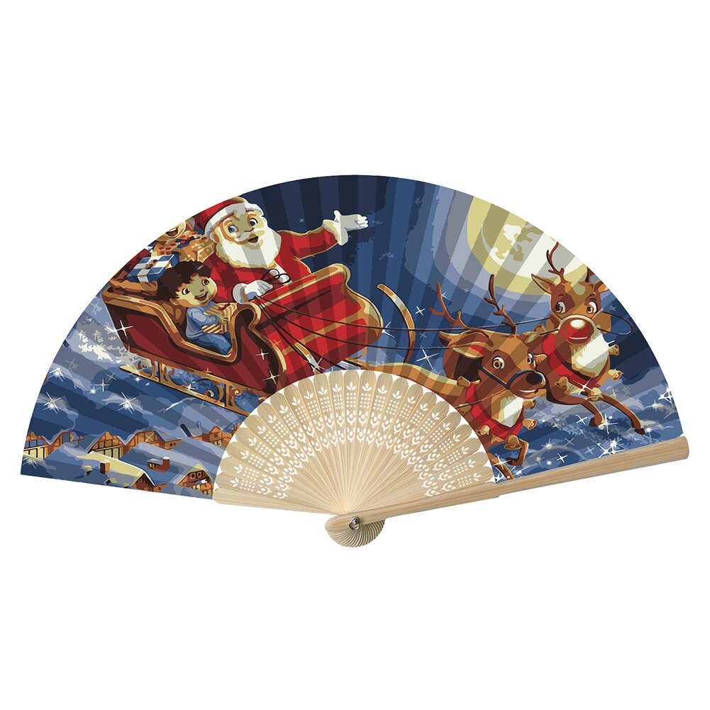DIY Oil Painting by Numbers Folding Fan Artwork Christmas/Halloween Series Hand Painted Frameless Picture Painting Fan: Santa AnimalE