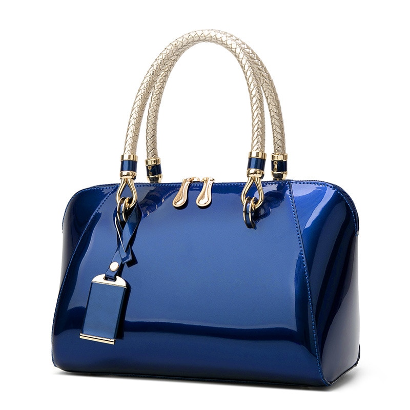 Lacquered leather woman handbag bright color azure blue Boston bag woman shoulder bag