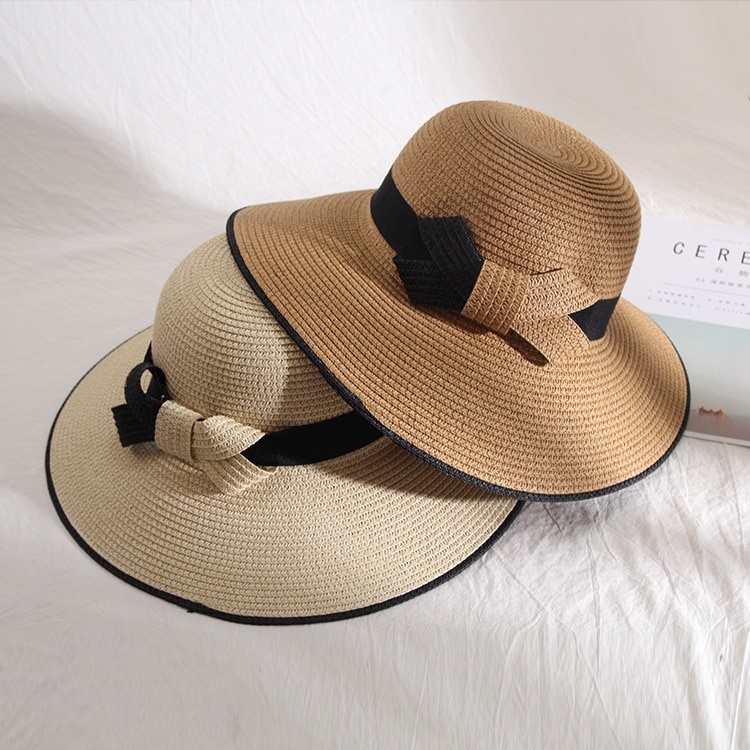 Bowknot sort hvid strå solhat dame sommer strand solskærms hatte oversize bred skygge hatte til kvinder
