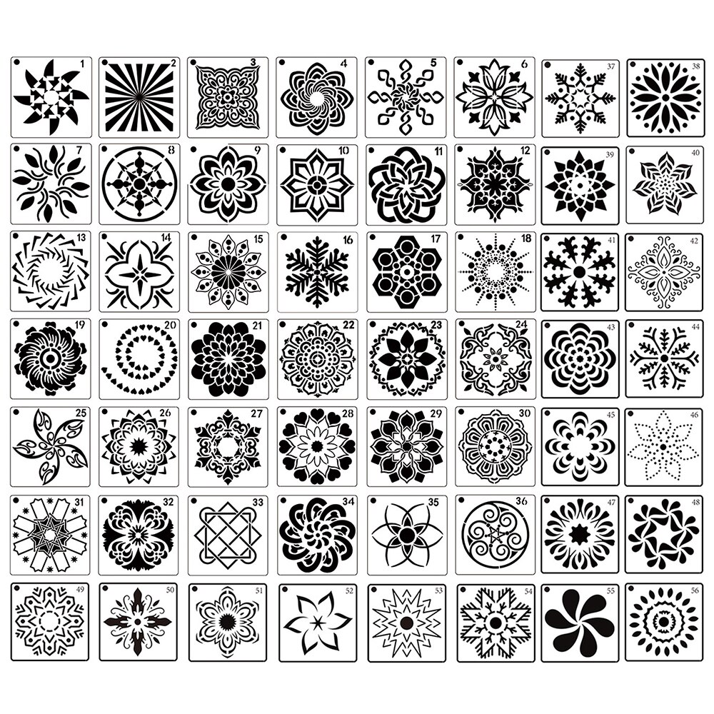 Plantilla de punteo de Mandala para dibujar plantillas de Mandala huecas, tela de rocas, herramientas de pintura artística de pared, accesorios para manualidades DIY: 56pcs
