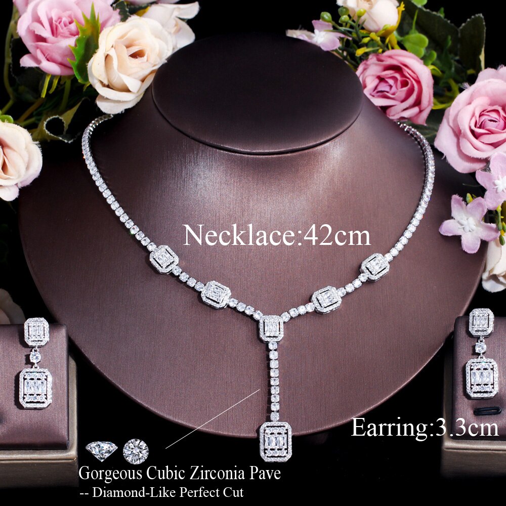 Cwwzircons Afrikaanse Baguette Cz Pave Dangle Ketting Oorbellen Bridal Bruiloft Zirconia Sieraden Set Voor Vrouwen T612