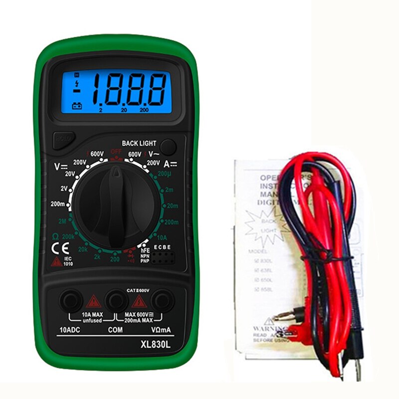 XL830L Multimeter Lcd Digitale Multimetro Ac/Dc Ampèremeter Voltmeter Spanning Tester Meter Backlight Beschermen Met Probe: XL830L Green