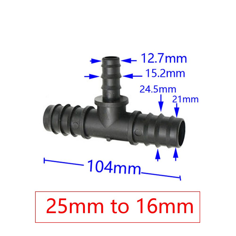 T-form 1 &quot;  to 3/4 &quot;  to 1/2 &quot; hageslange tee-kobling redusering vann splitter tee barb vannkobling for 25mm/20mm/16mm slanger 2pc: 25mm to 16mm