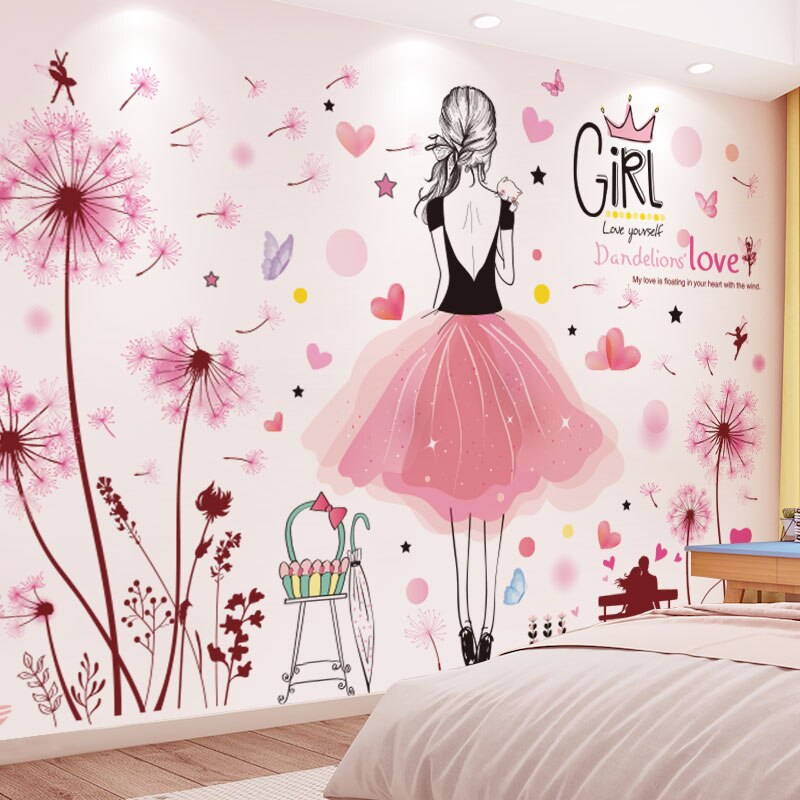 [Shijuekongjian] Roze Paardenbloemen Bloemen Muurstickers Diy Caroon Meisje Muurstickers Voor Kinderen Slaapkamer Babykamer Huis Decoratie: flower and girl 1