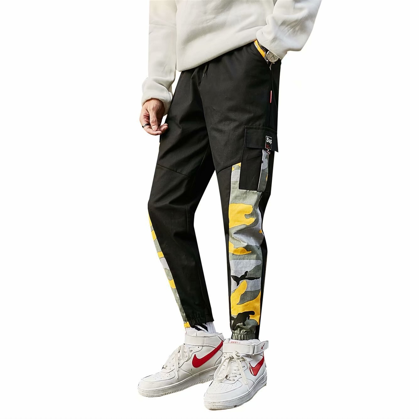 Calças de camuflagem dos homens hip hop calças camo solto harem calças corredores sweatpants moda casual juventude streetwear amarelo vermelho outono