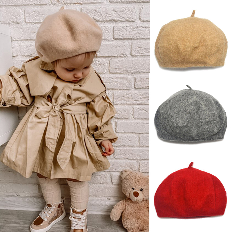 Béret en laine pour bébé fille, chapeau de peintre de Style britannique, couleur unie, mignon pour enfants, automne et hiver