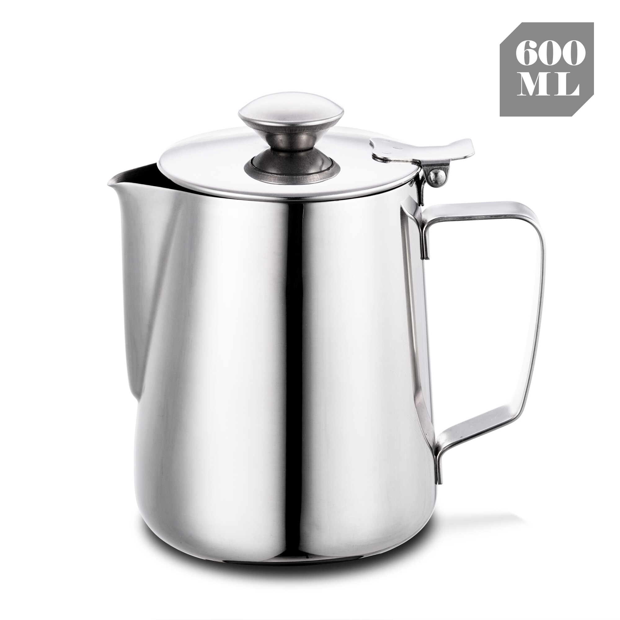 Rustfrit stål kaffekop mælkeskummende kande kande drypfri tud krus med låg flødekande kop til hjemmet cafe bar  (350 ml、 600ml)