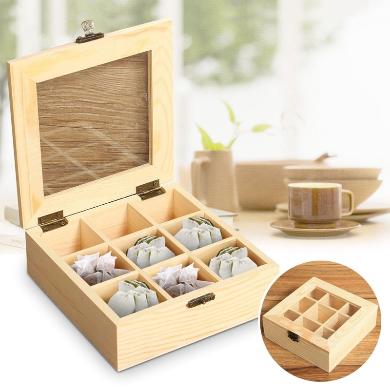 Træ tepose smykker arrangør kiste opbevaringsboks 9 rum te boks arrangør træ sukker pakke beholder