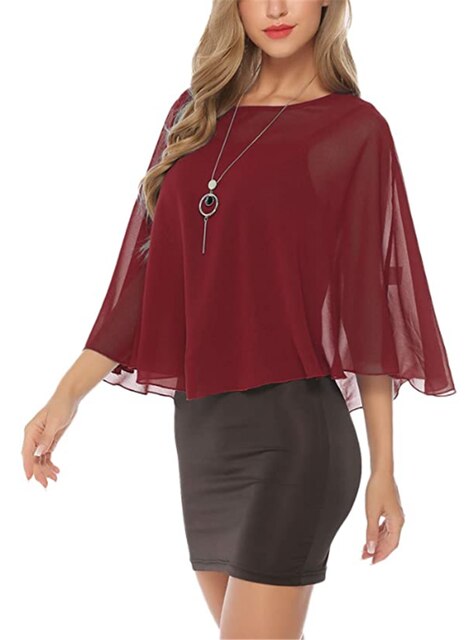 Bolero de gasa para mujer, chal, chaqueta de boda, abrigo con escote redondo, envolturas de de noche: Wine Red