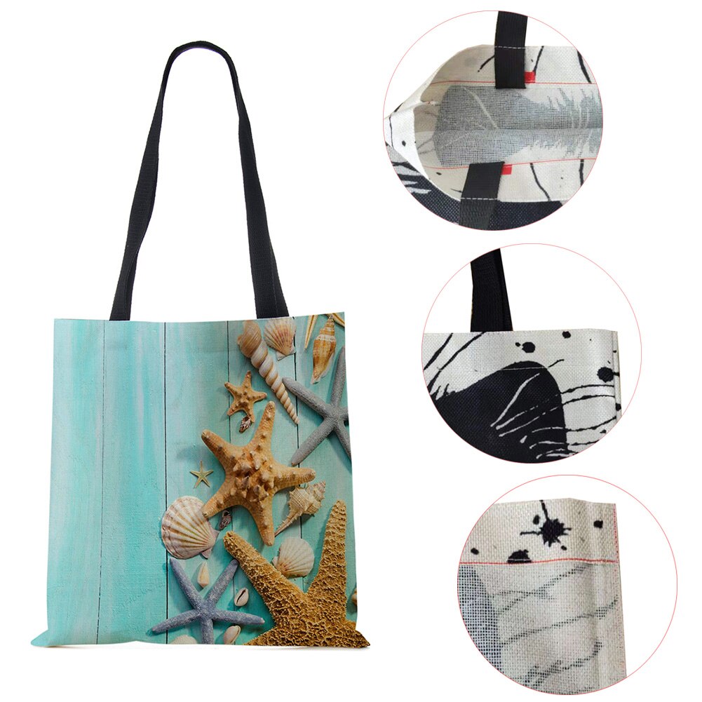 Dames Schoudertas Blauwe Oceaan Zeester Strand Zand Prints Tote Bag Linnen Stof Mooie Casual Praktische Handtas
