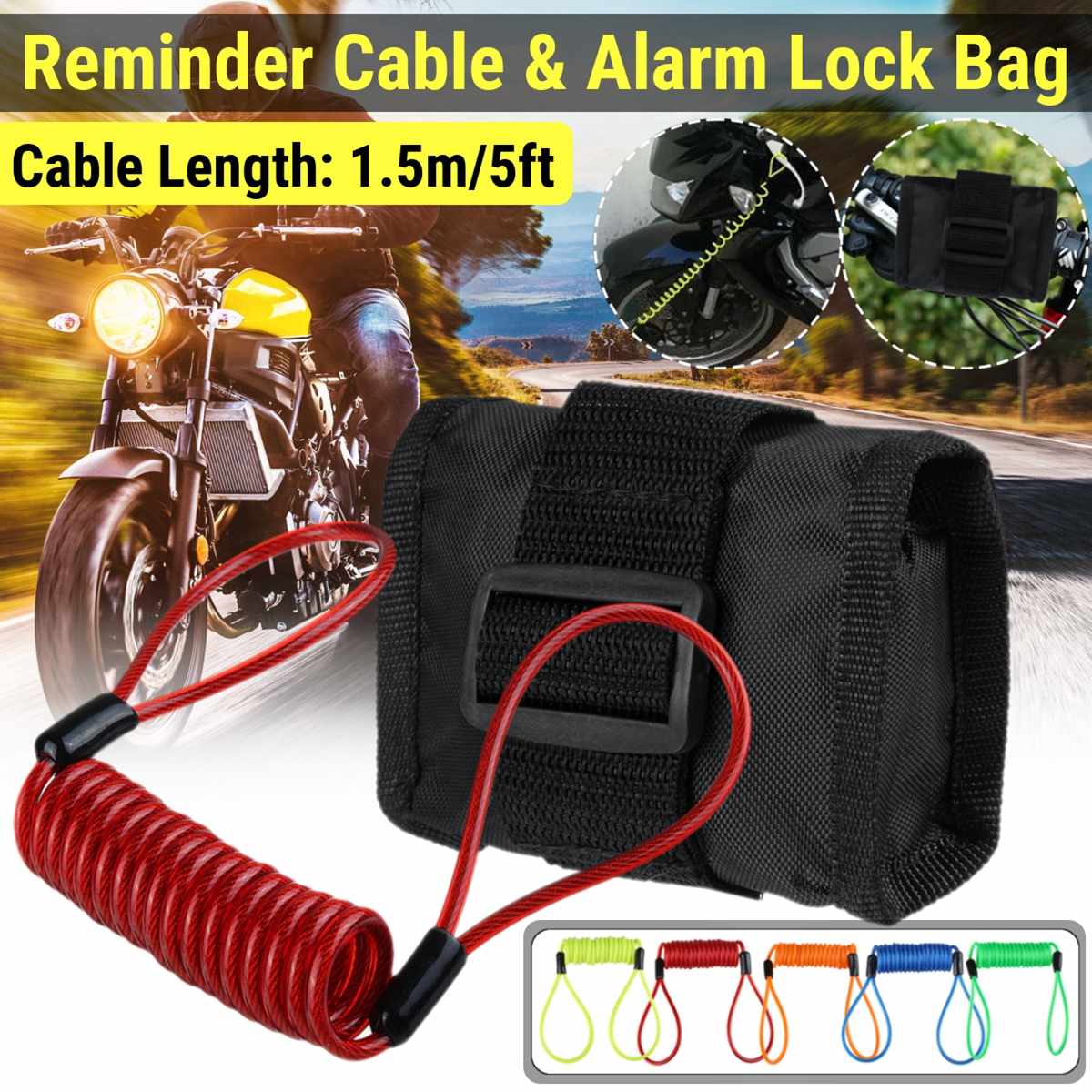 1.5M Herinnering Kabel + Alarm Lock Bag Voor Motorrijwiel Anti Dief Motor Wiel Alarm Disc Lock 5 Kleur