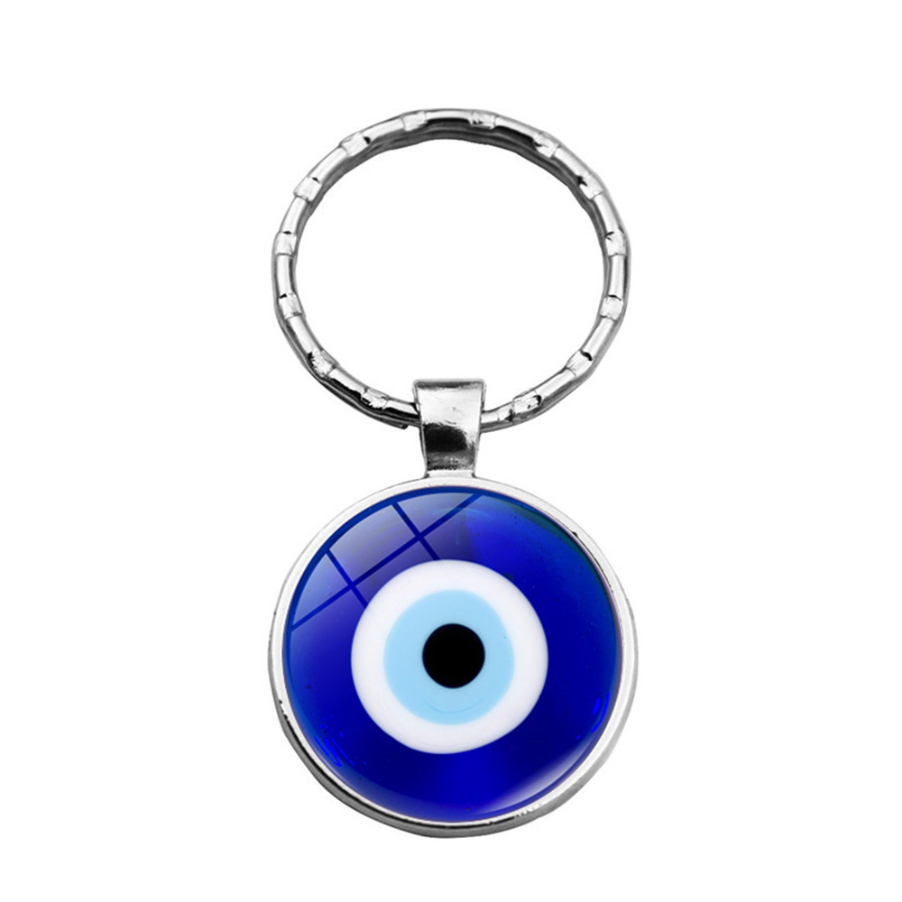 Beautiful Blue Evil Eye Religious Photo Round Glass Keychain Pendant Keyring Eyelash Big Evil Women Men Jewelry: WHITE