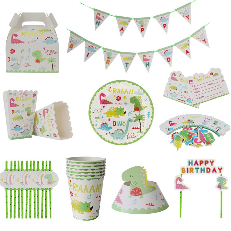 Sarjakuva dinosaurus syntymäpäiväjuhlat koristeet lasten lautaskuppi olki lautasliinat pussit kertakäyttöastiat baby shower tapahtuma juhlasetti