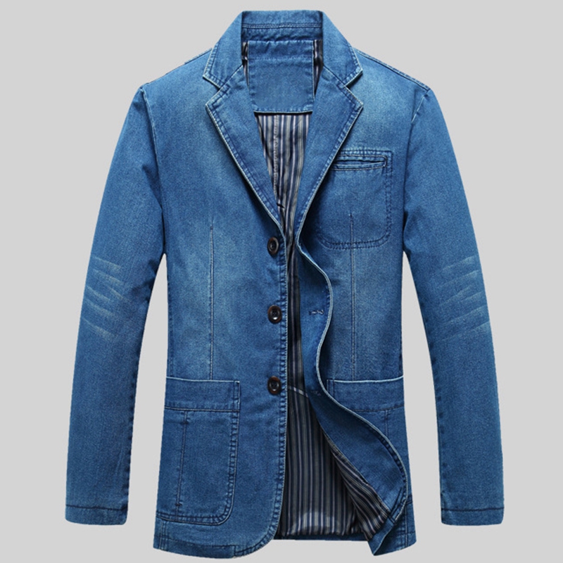 Mens Denim Blazer Men Cotton Vintage Suit Outerwear Male Blue Coat Denim Jacket Men Slim Fit Jeans Denim Blazers Top: Blue / M