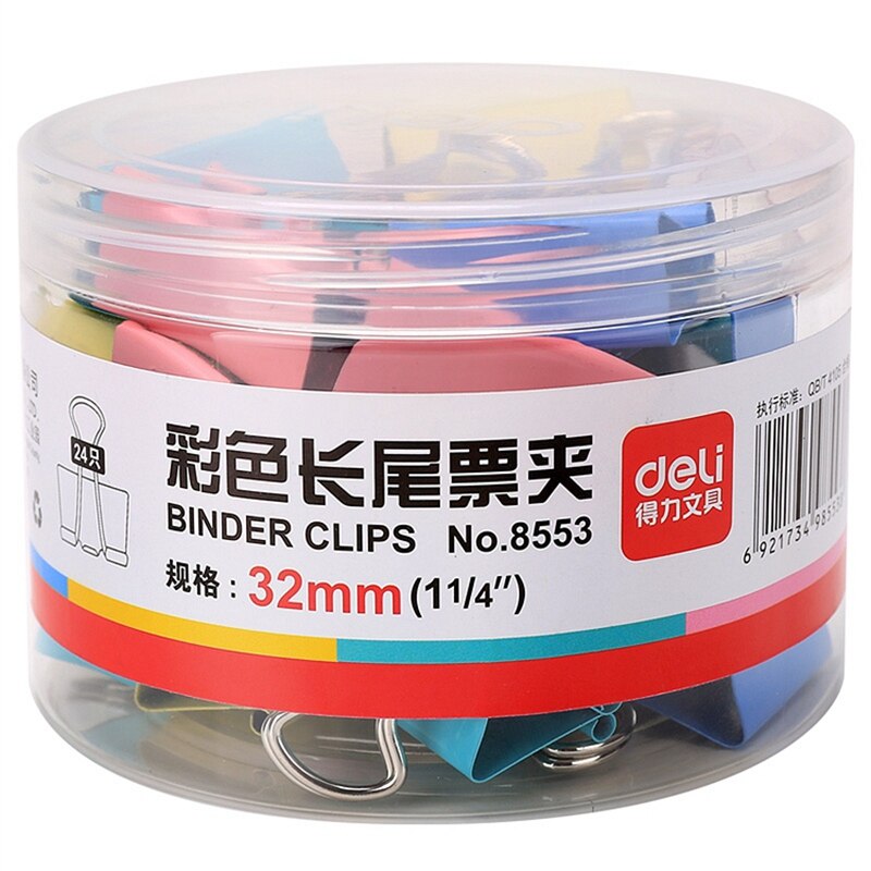 24PCS/BOX Deli 8553 binder clips 1-1/4" (32mm) color clips paper documents clips