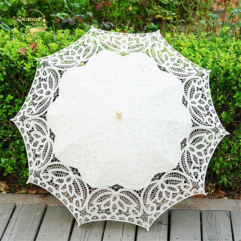 Handgemachte Stickerei Spitze Sonnenschirm Regenschirm Frauen Hochzeit Braut Foto Weiß Baumwolle Holz Griff Dekoration Regenschirm