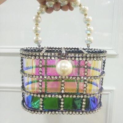 Diamante de luxo pérola bolsa designer embreagem noite saco pérolas talão topo alça bolsa tote balde gaiola forma festa saco: rainbow