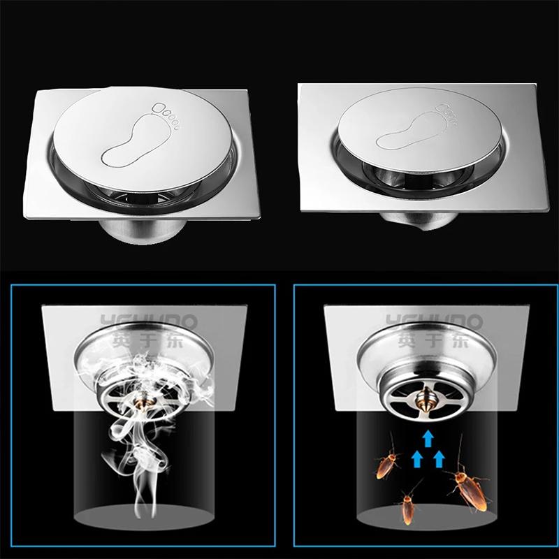 Brass Bounce Floor Drain Square Pop Up Floor Drain Bathroom Cover Shower Room Push Down Drain Plug Anti-Odor Bath Shower Drain