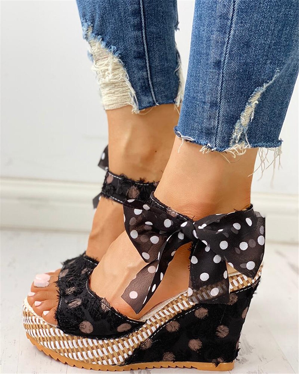 INS sweet polka dot Leisure Women Wedges Shoes Summer Sandals Woman casual Date Party Platform High Heels Shoes Woman: Black / 9