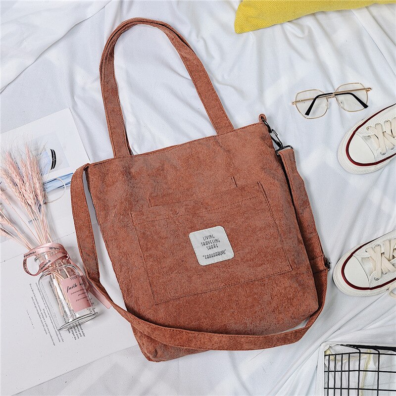 Women Warm Corduroy Tote Ladies Casual Canvas Shoulder Bag Soft Crossbody Bags Beach Bag Striped Cloth Female Handbag Books Bags: Brown