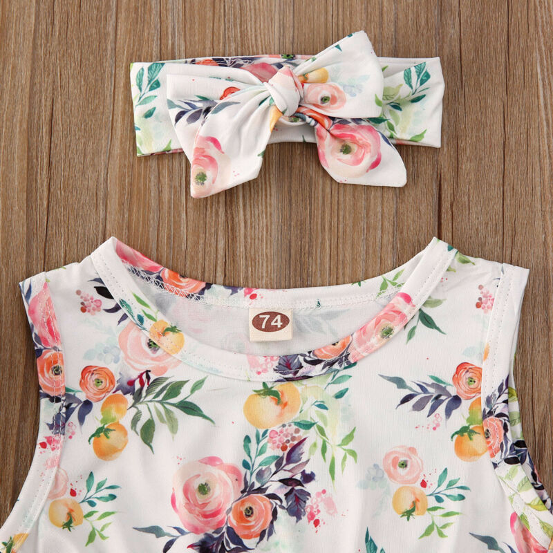 Bebis sommar kläder nyfödd bebis flickor småbarn blomma tofs boll body jumpsuit ärmlös soldräkt outfits