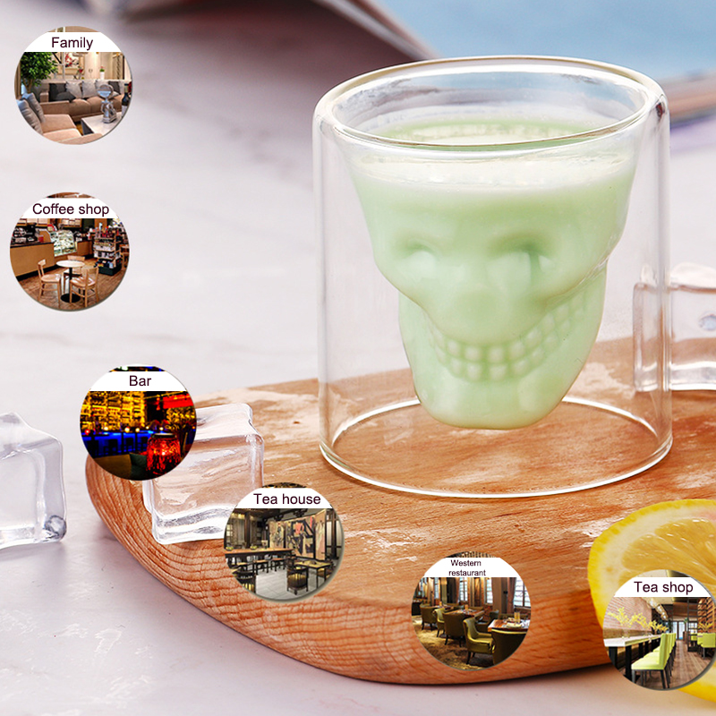 Vodka-shot glas whisky kristall kopp bar vin öl kopp dödskalle huvud transparent drinkware bar dubbelvägg karaff värmebeständig
