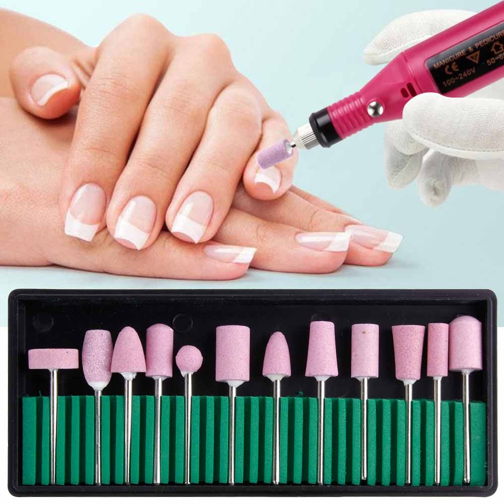 12PCS/Set Electric Manicure Quartz Nail Drill Bits Nail Polishing Head Cutters Set Pink Pedicure Nail Art Milling Cutter Files