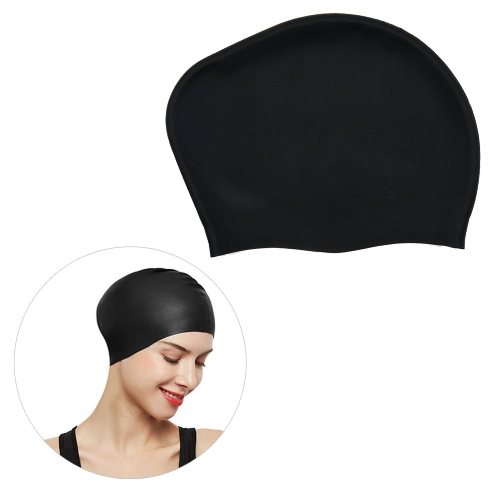 1PC Silicone Swimming Cap Practical Waterproof Swim Pool Hat Long Hair Ear Protection Swim Caps for Female (Black)