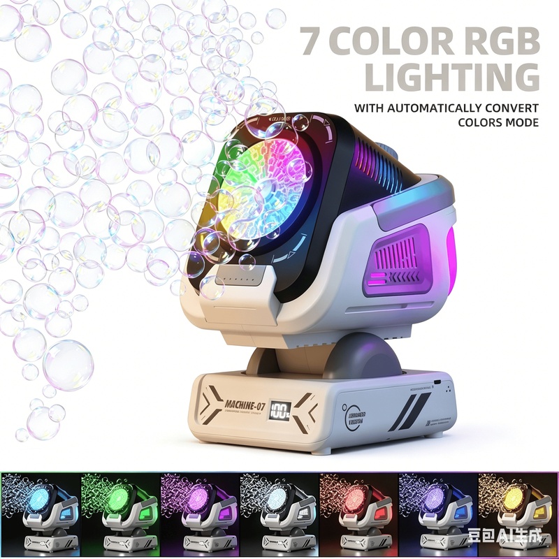 Diese verbesserte Seifenblasenmaschine von 2026 verfügt über eine Fernbedienung, automatische Drehung und RGB-Lichter. Es unterstützt das beladen über USB-C mit integrierter Funktion.