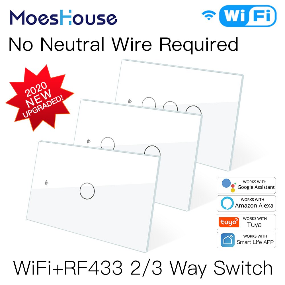 WiFi interrupteur d'éclairage intelligent RF433 pas de fil neutre simple feu vie intelligente Tuya App contrôle fonctionne avec Alexa Google Home 110V 220V