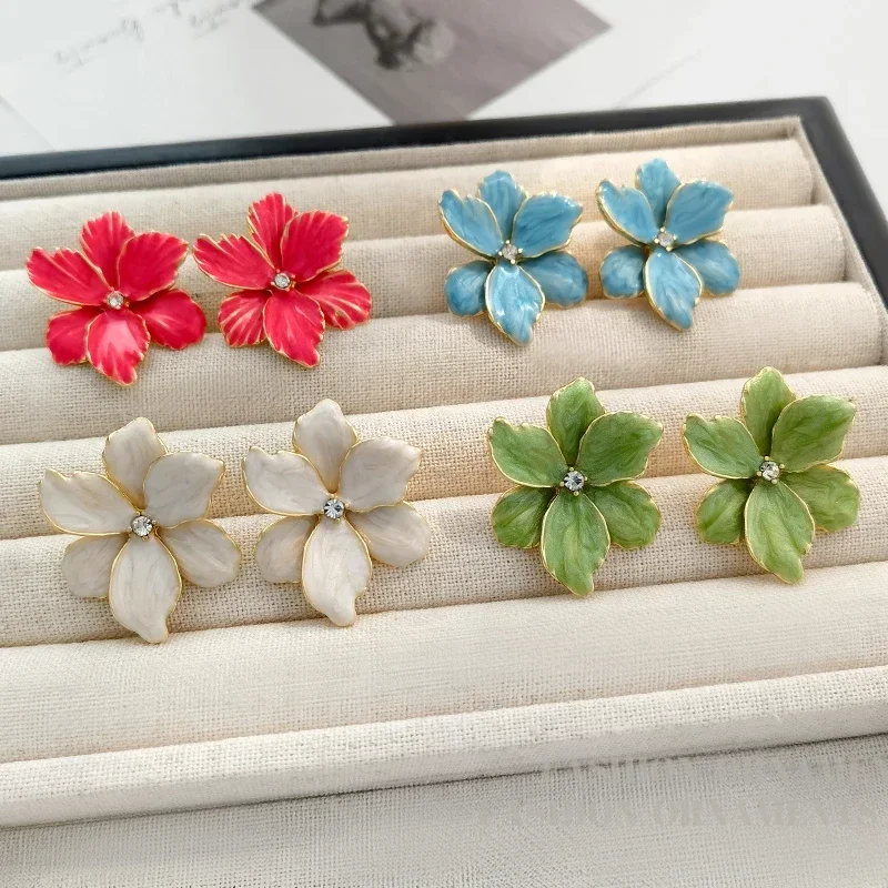 Pendientes de plata 925 con forma de flor roja para mujer y niña, Joyería Moderna con Popular, pendientes de tuerca grandes, de primavera y verano