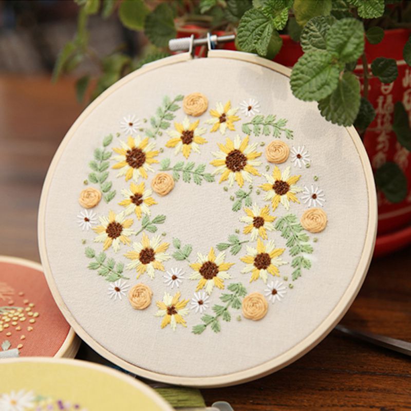 Plant Flowers Pattern 3D Embroidery Sewing Kit DIY Embroidery Set With Hoop Cross-stitch Crafts Hand-stitched Tools