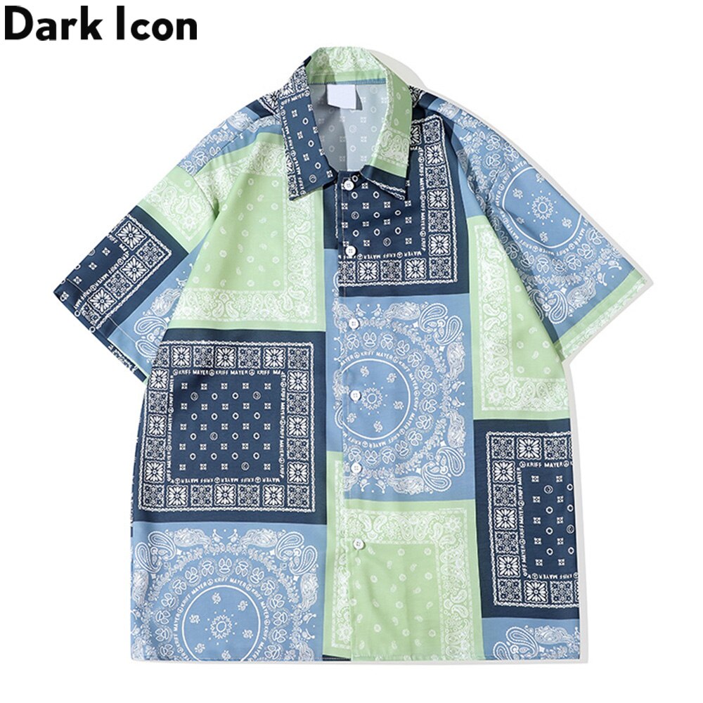 Dark Icon Green Blue Bandana Patchwork Hawaiian Shirt Men Turn-down Collar Men's Shirts