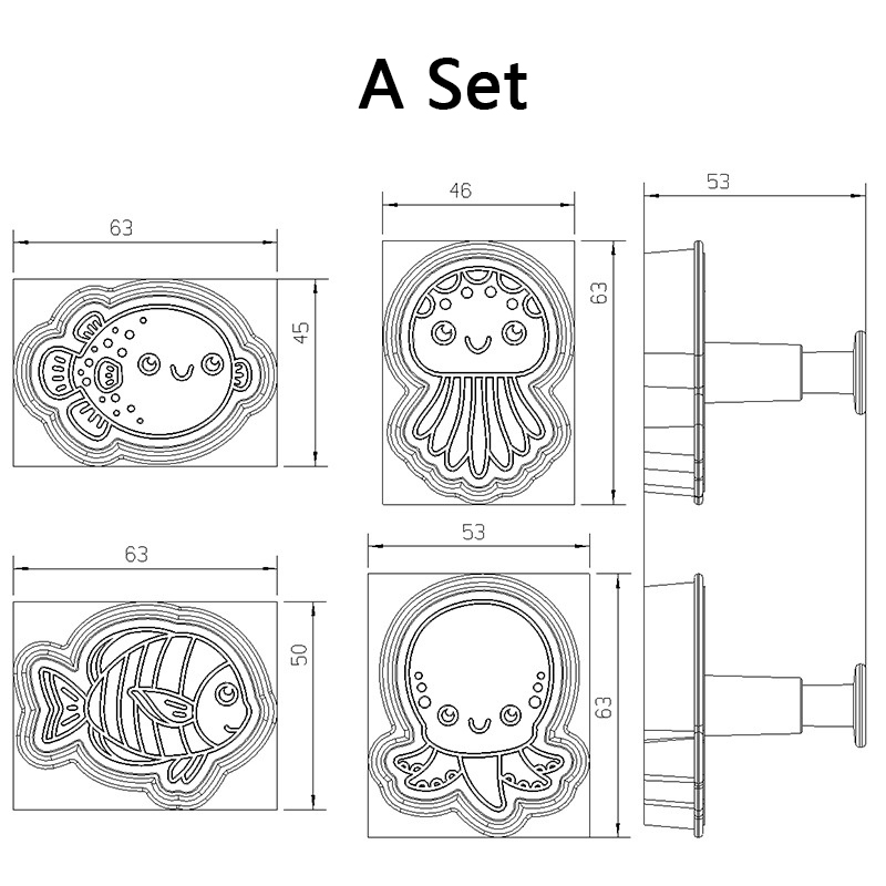 Molde para galletas de la serie de animales marinos, platillo de medusas del océano, cortador de galletas de émbolo DIY, juego de hornear, molde para glaseado de pasteles Fondant, 4 piezas