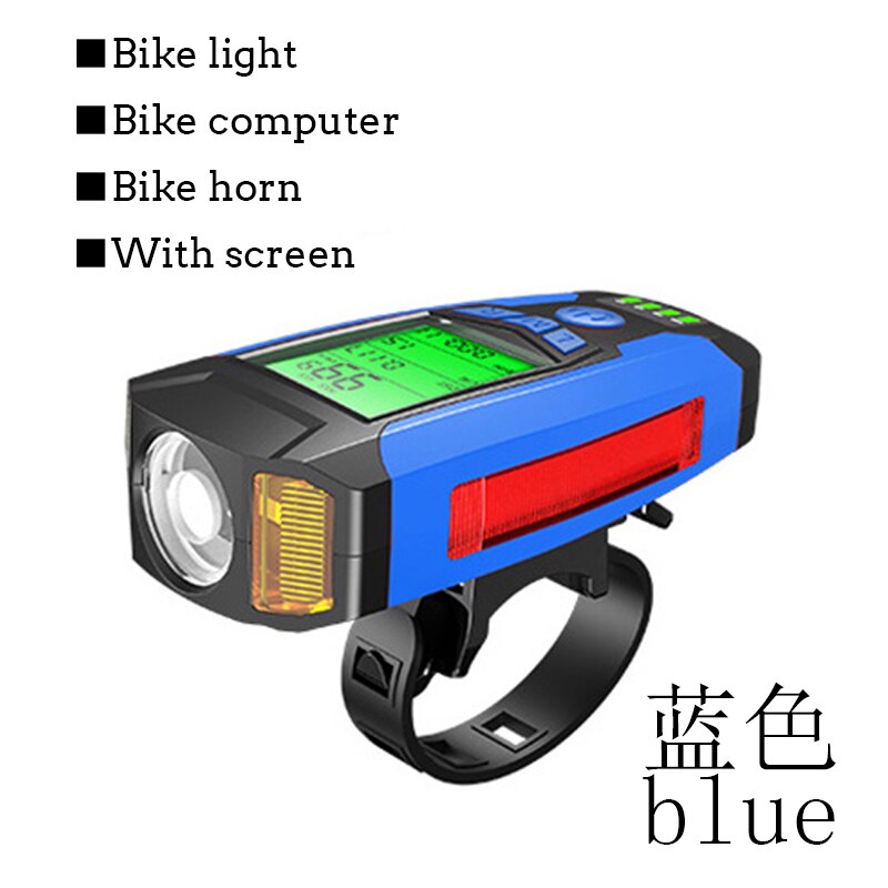 3 in 1 USB Fahrrad Taschenlampe 5 LED Fahrrad Computer/Horn Fahrrad Vorderseite Licht IPX4 Wasserdichte Scheinwerfer Kilometerzähler Fahrrad zubehör: Multifunktion Blau