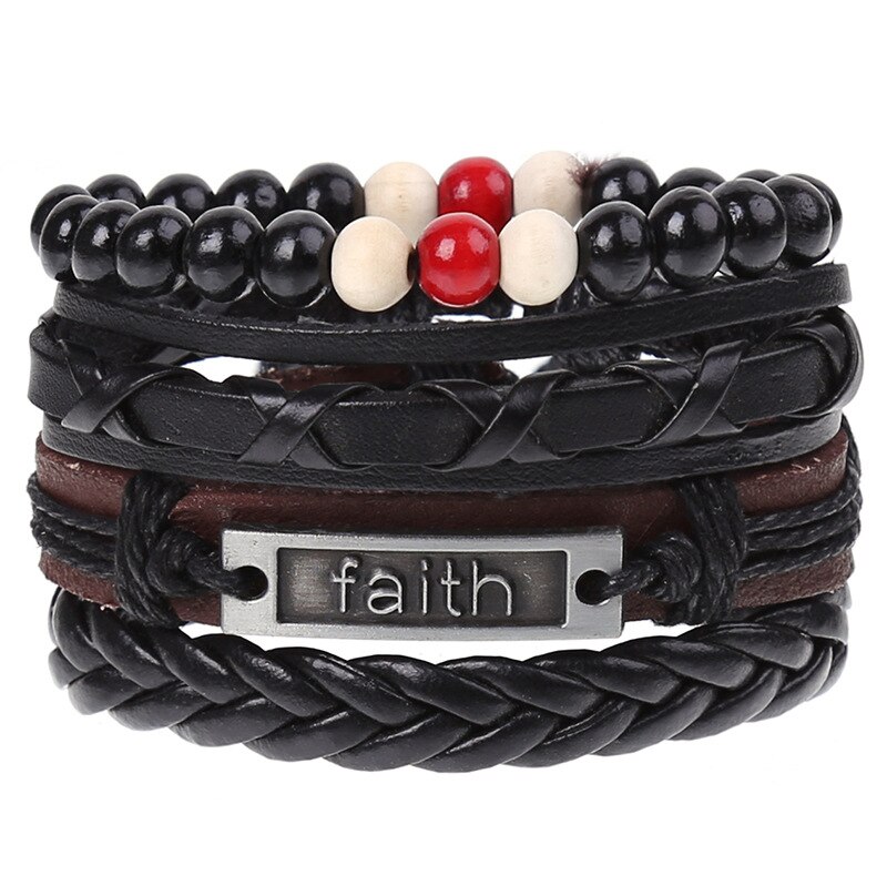 Pulseira de couro trançado 4 pçs/set, pulseiras para homens e mulheres, vintage, contas de madeira, cruz, étnica, esperança