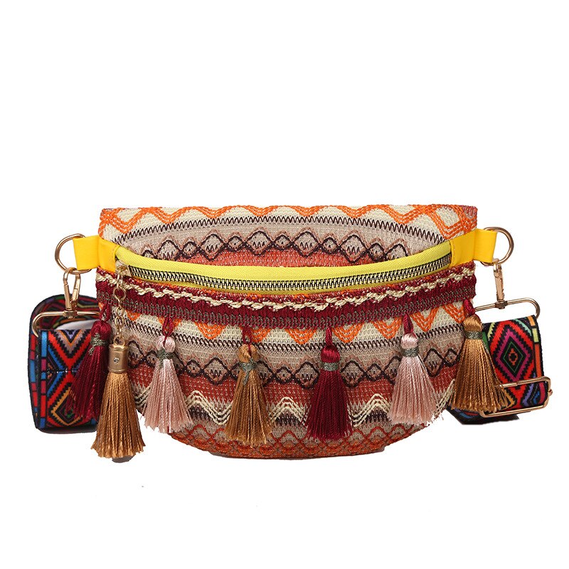 Dame boheme fanny pack kvinder piger crossbody pung broderi boho talje pung bum taske med kvast: Guld