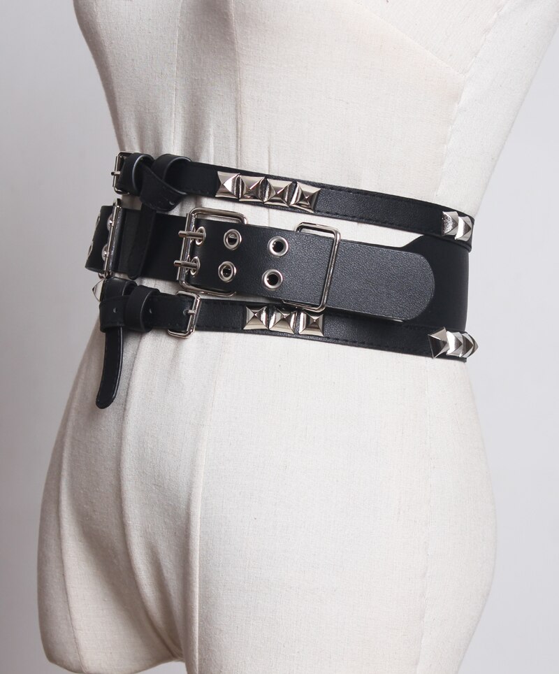 GetSpring fajas para mujer remache cremallera hebilla ajustable PU cuero cinturón corsé ajuste mujer cinturón ancho negro