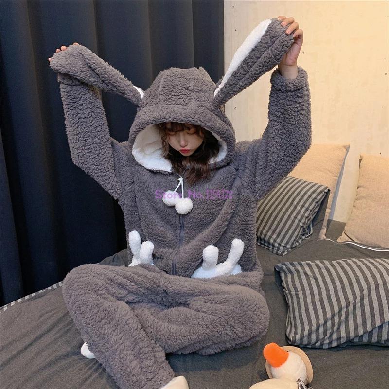 Vrouwen Nachtkleding Unisex Konijn Losse Dikke Pluche Hooded Homewear Leuke Flanel Stitch Pyjama Winter Plus Fluwelen Warm Onesie