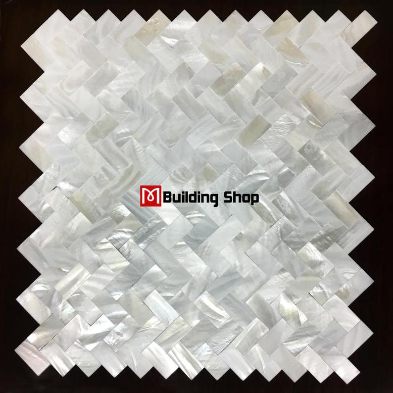 Herringbone Brick Groutless Mother Of Pearl Tile Backsplash Seashell Mosaic MOP124 White Shell Bathroom Wall Tiles