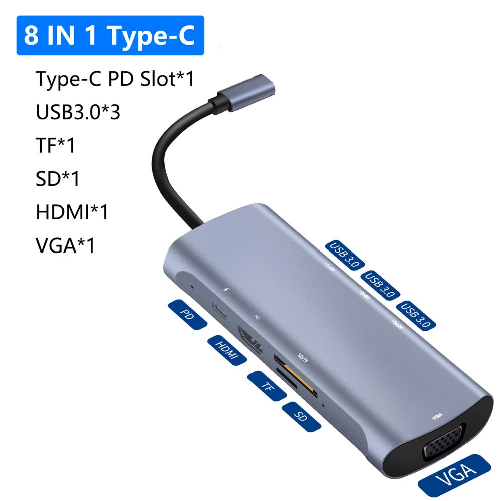 GOOJODOQ USB C HUB Type C to Multi USB 3.0 HUB HDMI Adapter Dock for MacBook Pro Huawei Mate 30 USB-C Splitter Port Type C HUB: 8 IN 1