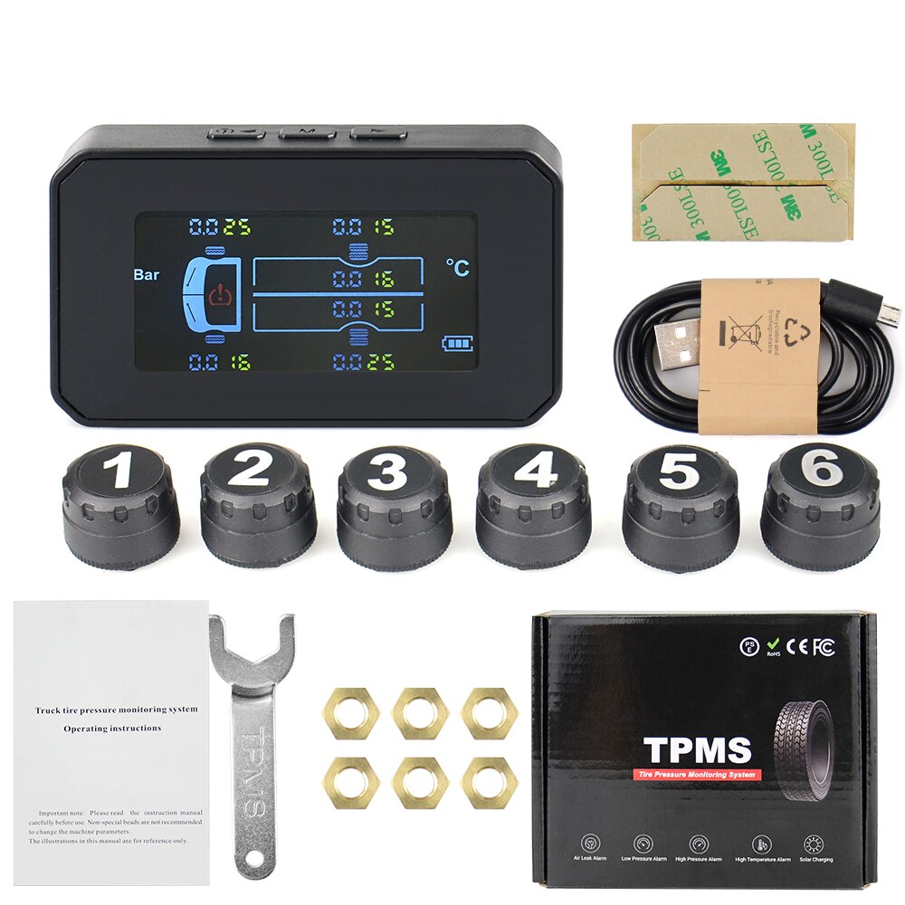 Truck TPMS Tire Pressure Monitoring System TPMS Solar Charge with 6 External Sensors Digital LCD Tyre Temperature Alarm Monitor: 6 sensor external
