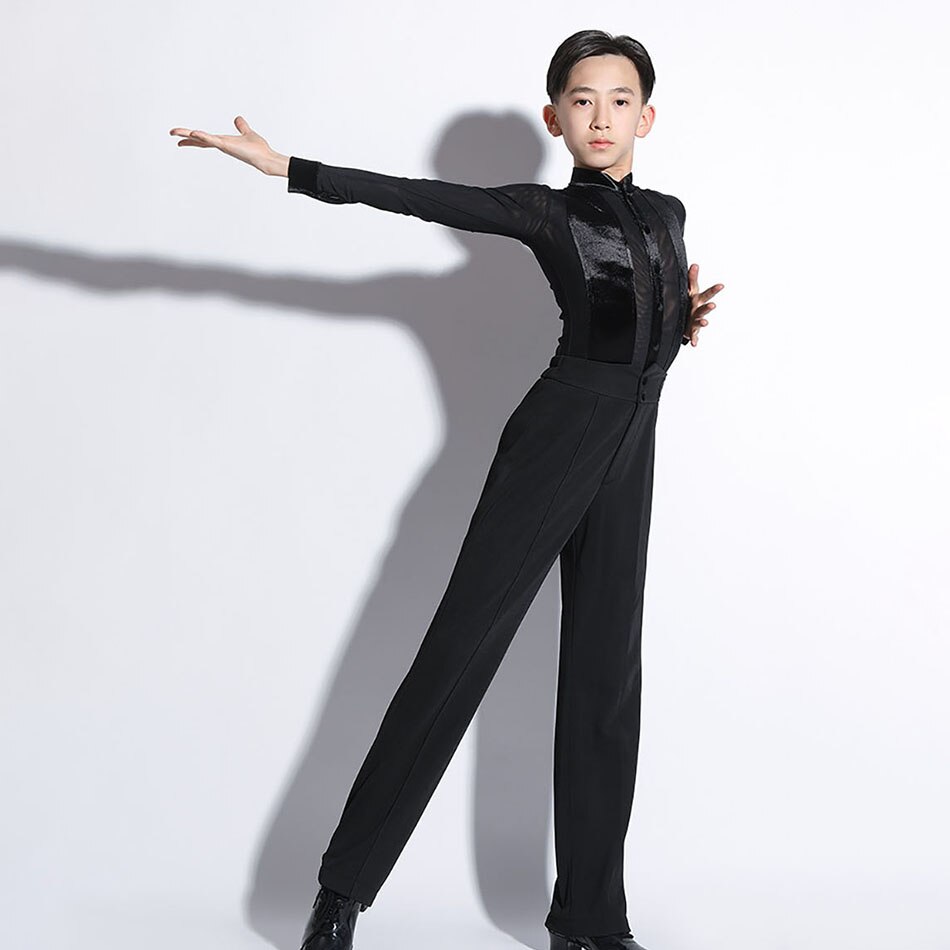 Kids Boys Latin Dance Shirt Button T Shirts Child Autumn Winter Long Sleeves Bodysuit Jazz Rumba Dancewear G7056