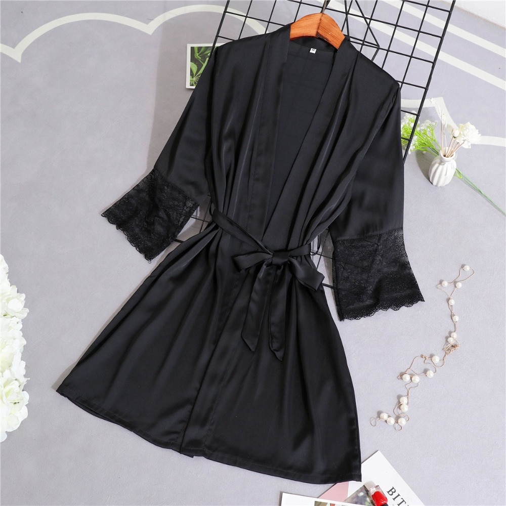 Women Silk Satin Short Night Robe Solid Kimono Robe Sexy Lace Trim Bathrobe Peignoir Bride Bridesmaid Robe Dressing Gown