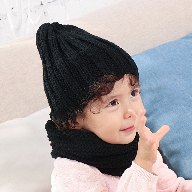 Multifarvet hat og tørklæde til børn solid akryl børnehat med et tørklæde strik piger dreng hatte tørklæder sæt vinter tilbehør: Sort