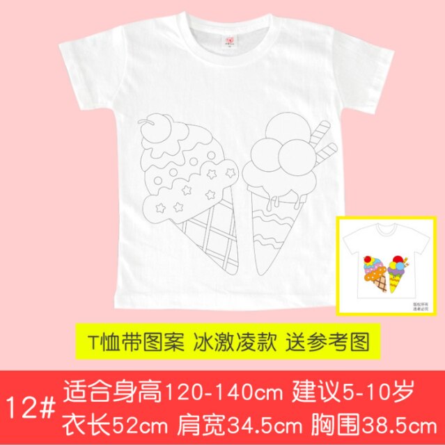 Camiseta de manga corta de algodón blanco para niños, pintura de grafiti, tie-dye, pintada a mano, guardería: ice cream
