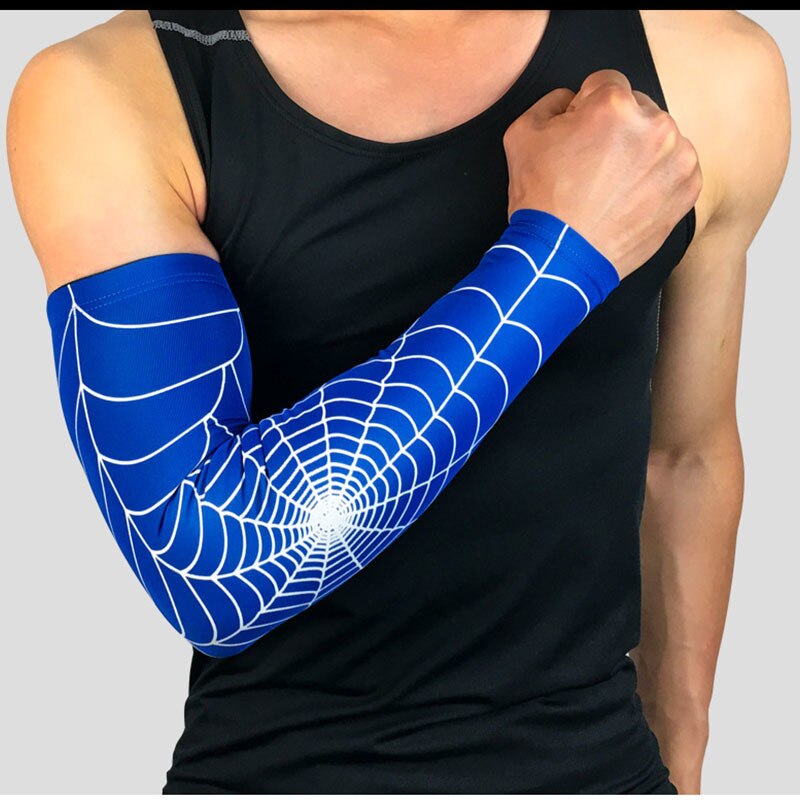 Outdoor Sport Basketball Spider Web Armguards Gym Fitness Arm Protector Elastic Sleeve Breathable Antislip Joint Elbow Pad Men: Blue / L