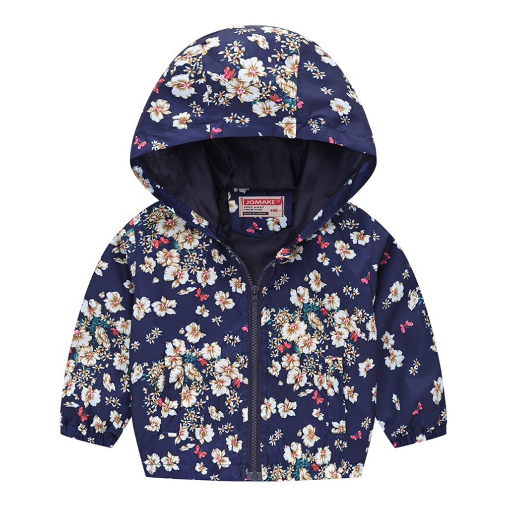 Kids Jacket Toddler Kids Baby Girls Boys Autumn Long Sleeve Floral Print Zipper Hooded Coat Jacket Jaqueta De Couro For 12M-3Y: Navy / 12M