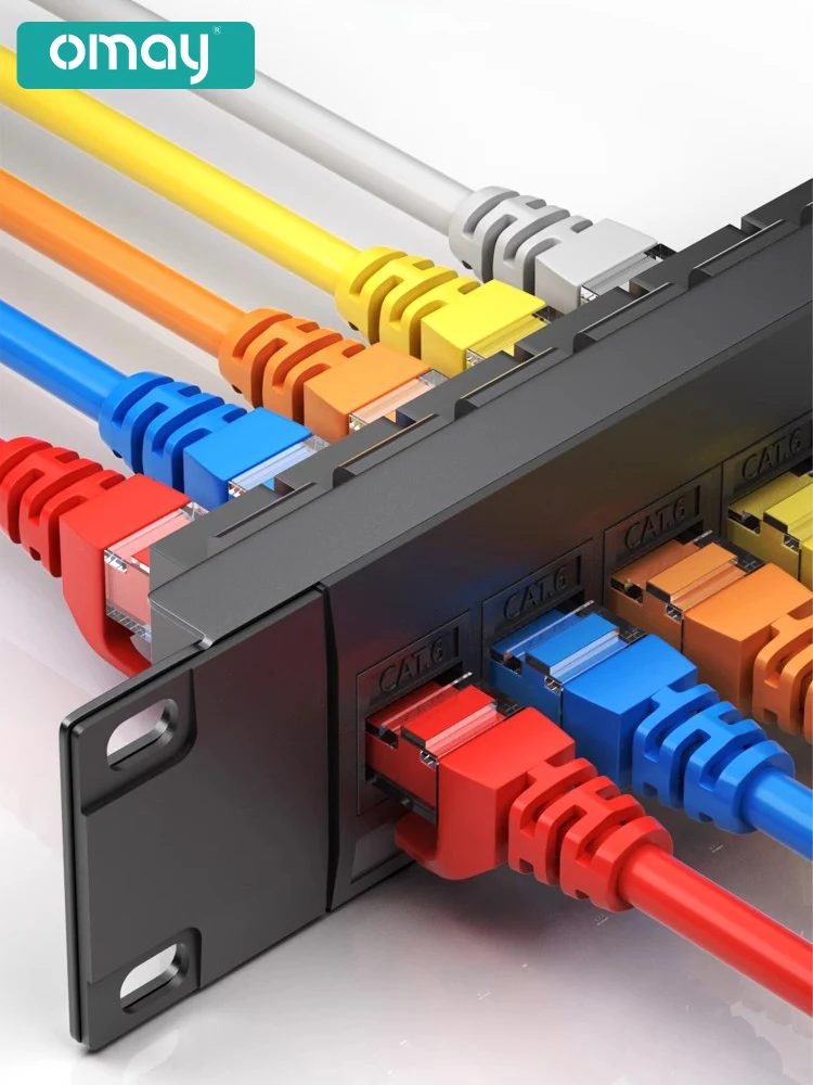 OMAY 24-portowy panel krosowy Cat5e/Cat6 1U Beznarzędziowy panel sieciowy do montażu w stojaku z etykietami do kabli strukturalnych